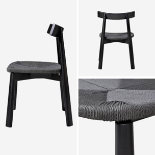 Lot de 2 chaises scandinaves en bois d'hévéa noir et assise en corde noire