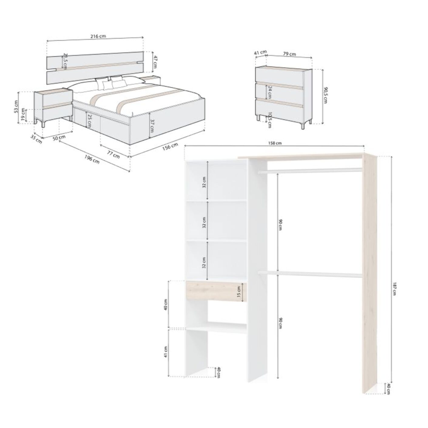 Dormitorio Ezra 3C Max V2 Blanco Artik (Blanco Mate) - Roble Nodi