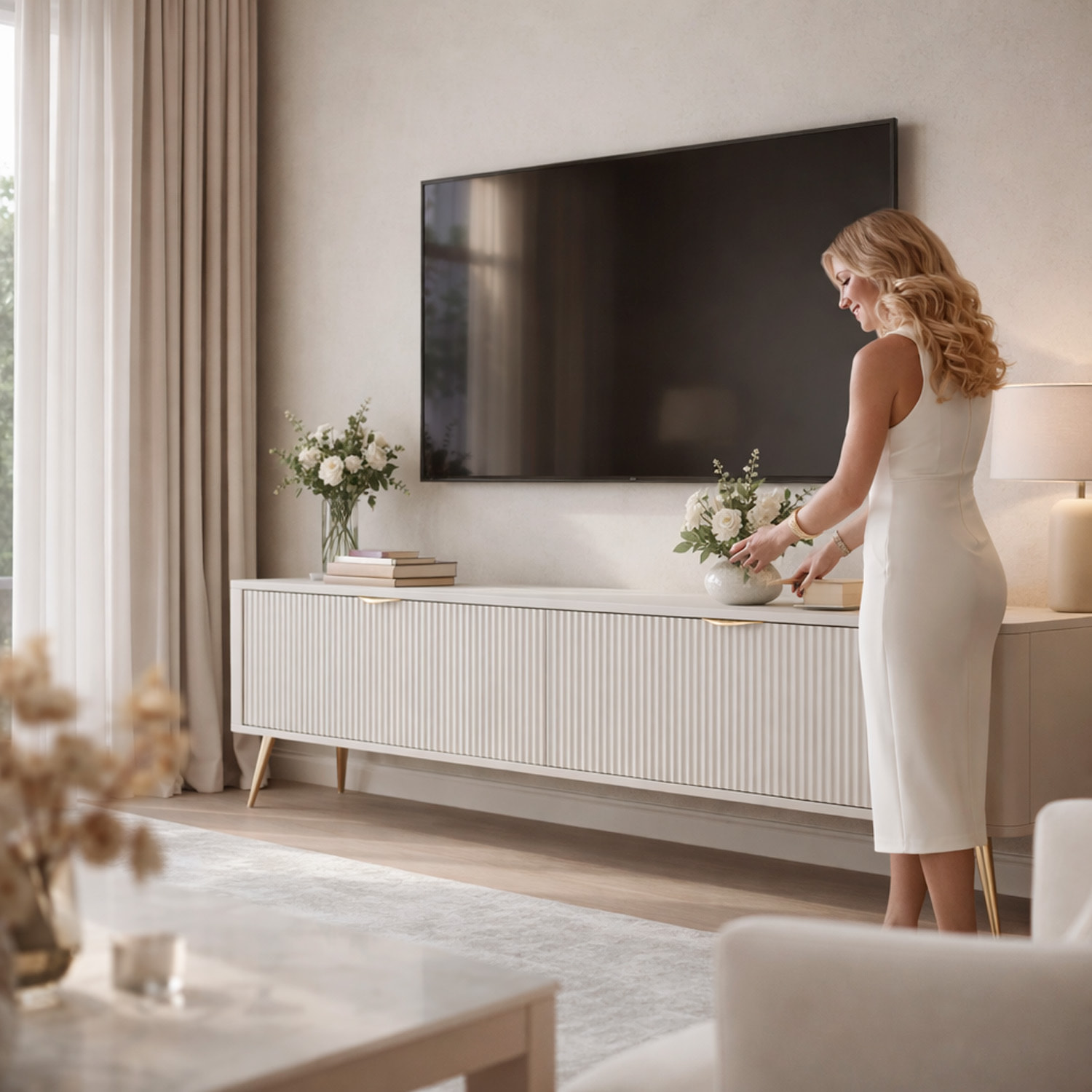 Mobile Porta TV Con 2 Ante A Ribalta Finitura Cannettato Mobiletto Design Moderno Elegante Piedini Slanciati Soggiorno Camera  200 x 51 x 38 Cm Cashmere