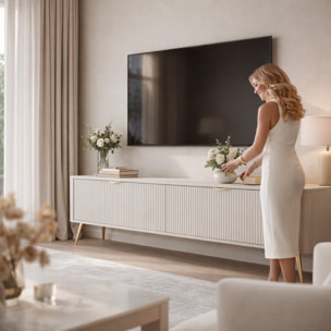 Mobile Porta TV Con 2 Ante A Ribalta Finitura Cannettato Mobiletto Design Moderno Elegante Piedini Slanciati Soggiorno Camera  200 x 51 x 38 Cm Cashmere