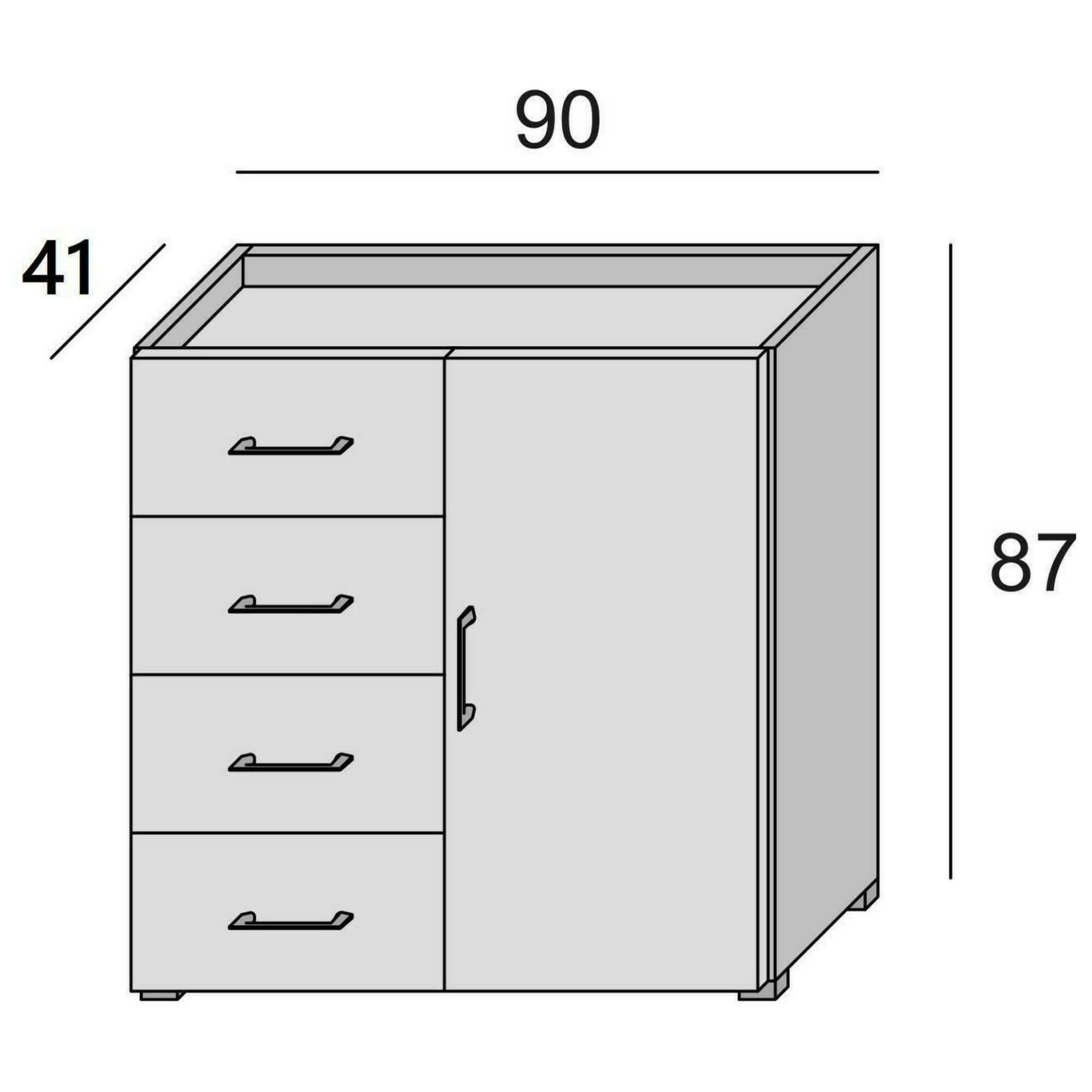 Credenza Violetta, Mobile buffet a 1 anta e 4 cassetti, Madia da soggiorno, Armadietto multiuso con ripiani, 100% Made in Italy, Cm 90x41h87, Bianco e Cemento