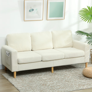 Canapé 3 places velours côtelé style nordique coussins déhoussables beige clair