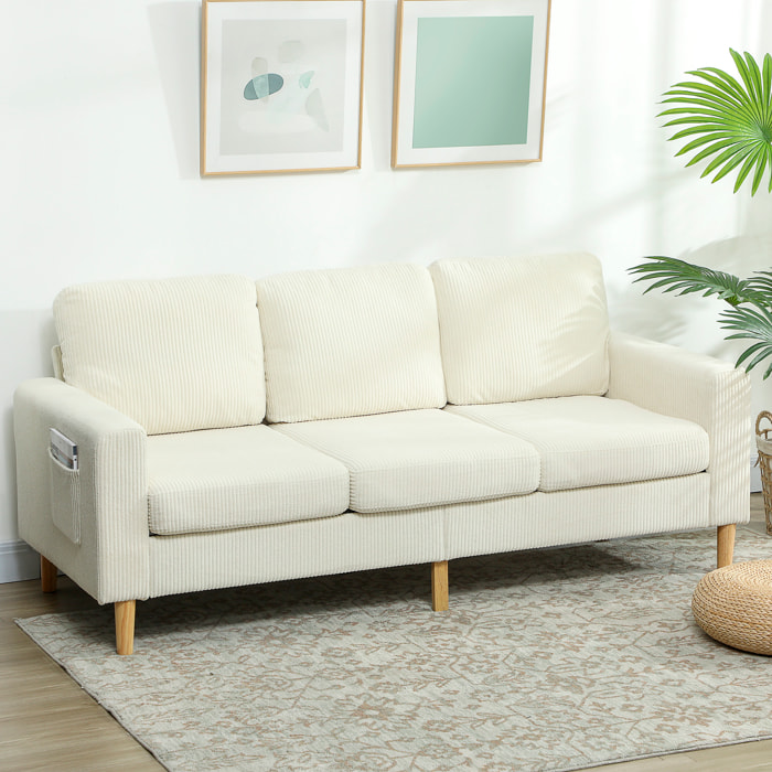 Canapé 3 places velours côtelé style nordique coussins déhoussables beige clair