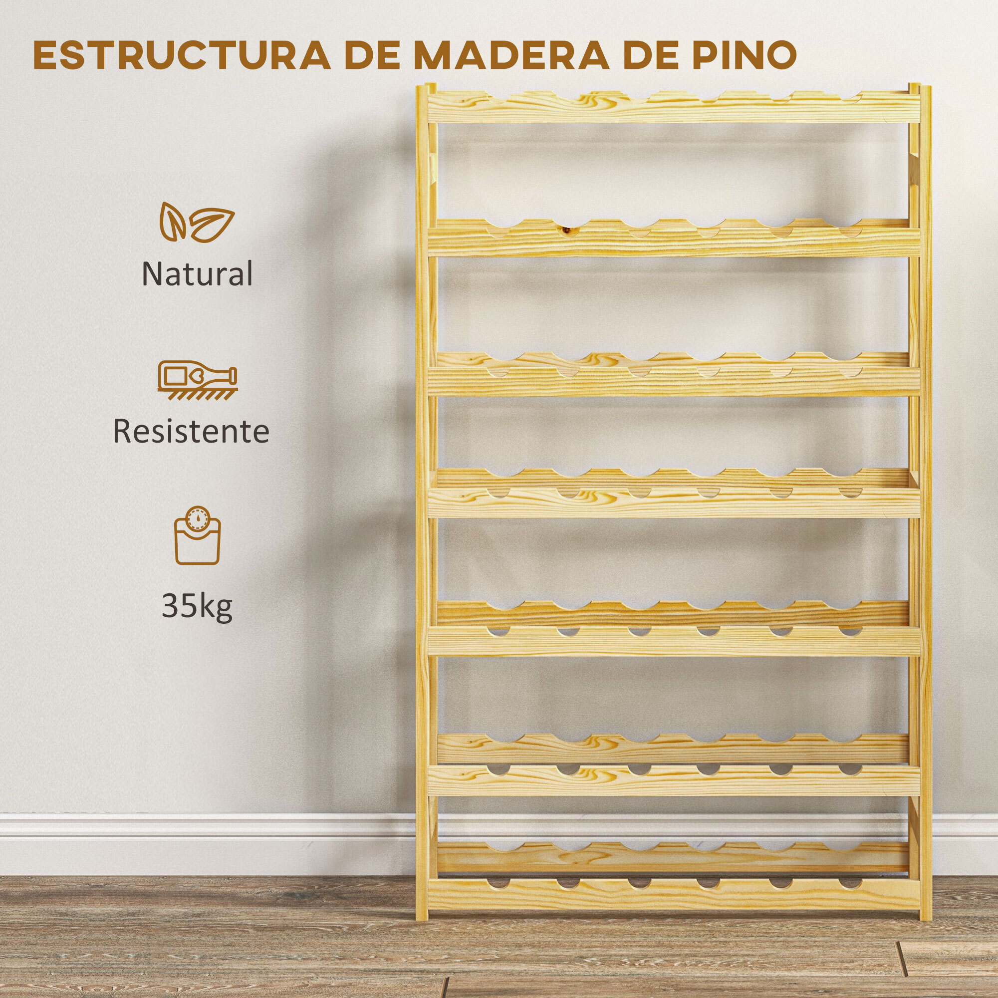 Botellero de Madera para 42 Botellas, Botellero para Vino de 7 Niveles, para Cocina, Comedor, Bar, 63x25x102 cm, Natural