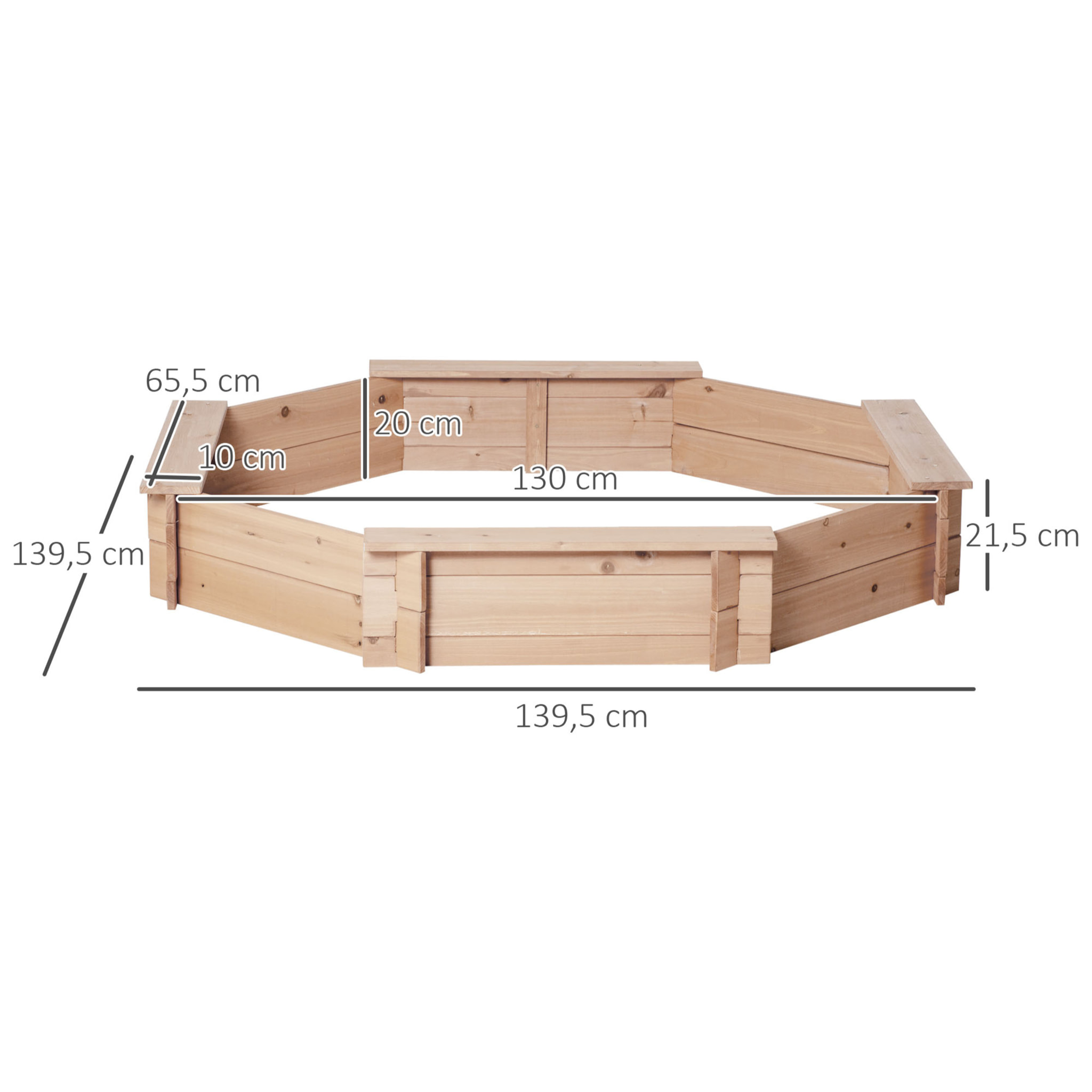 Bac à sable bois octogonal dim. 139,5L x 139,5l x 21,5H cm - 4 bancs - bâche de couverture, non tissé de sol inclus - bois sapin