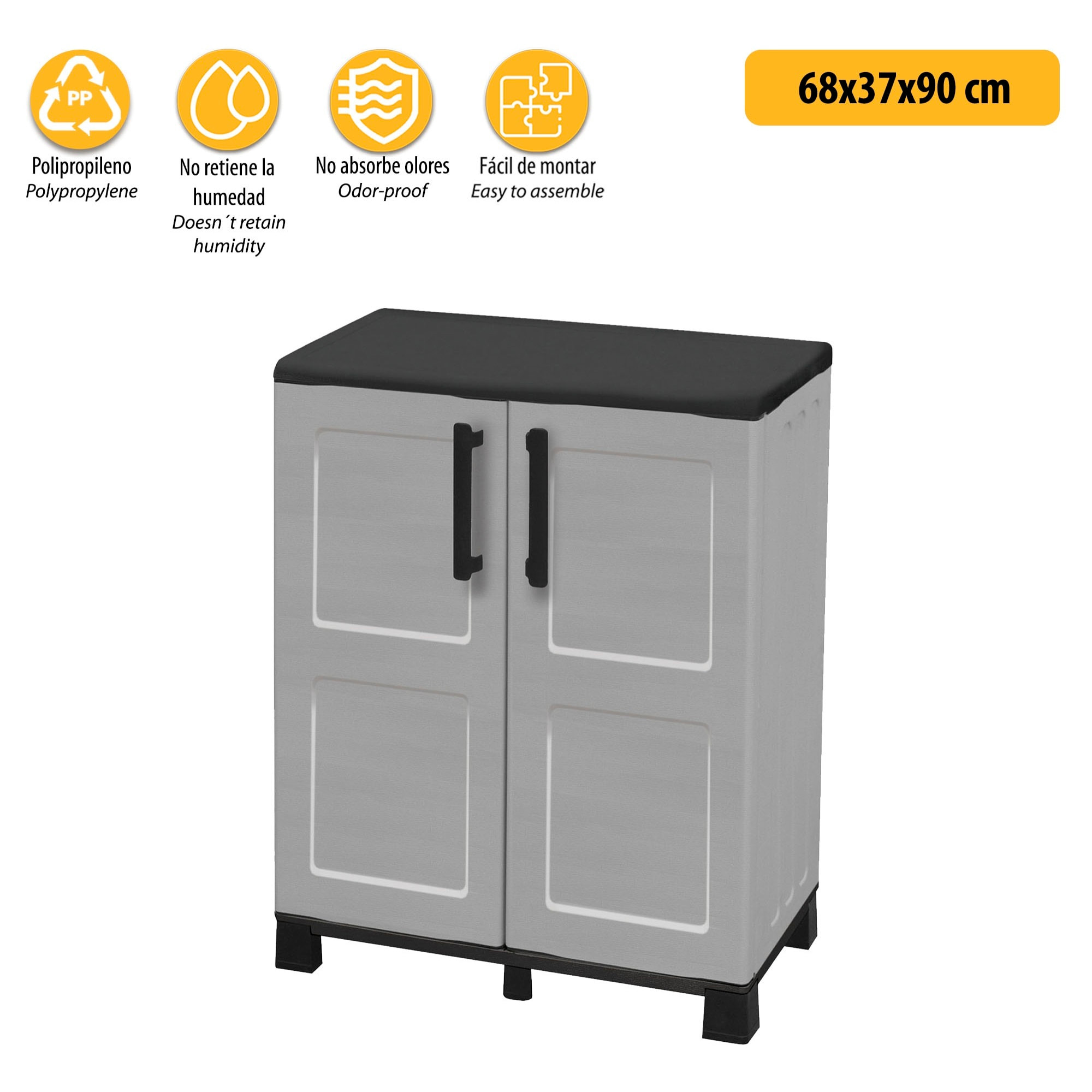 Armario de mediana altura en polipropileno, material reciclable y ecológico sostenible, está equipado con bisagras de acero, estante ajustable y los p