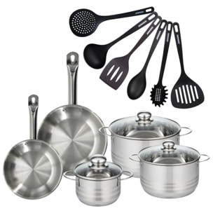 Set 2 poêles en inox, 3 faitouts inox et 6 ustensiles RPET Fackelmann Eterna