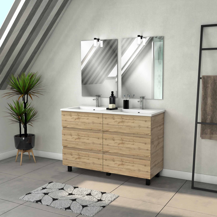 Meuble Salle de Bains 120cm 6 Tiroirs Chêne Naturel + Vasque Blanche + Miroirs avec appliques Led
