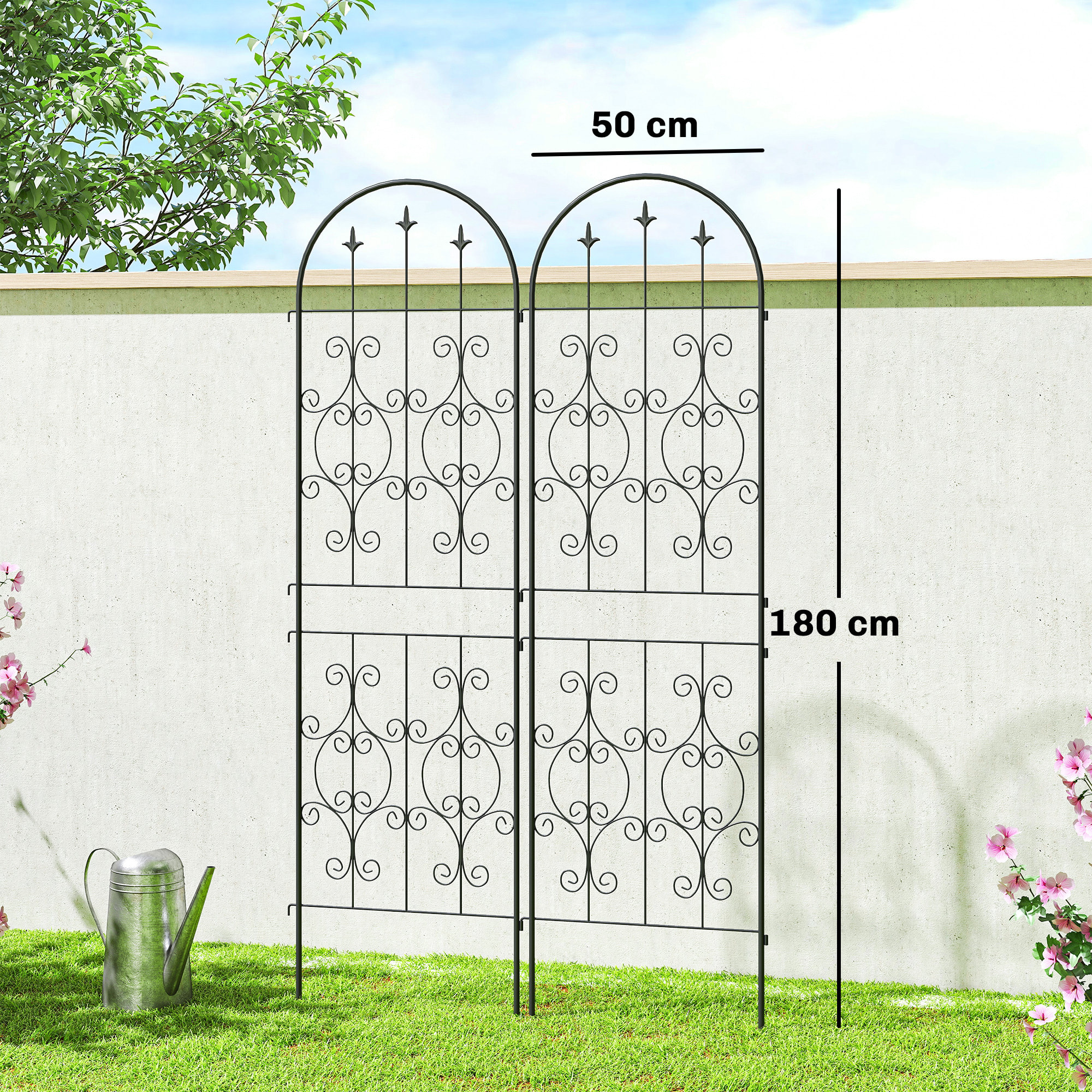 Treillis de jardin effet fer forgé pointe de fleur de lys  - 2 supports plantes grimpantes - 50 x 180 cm - métal époxy noir