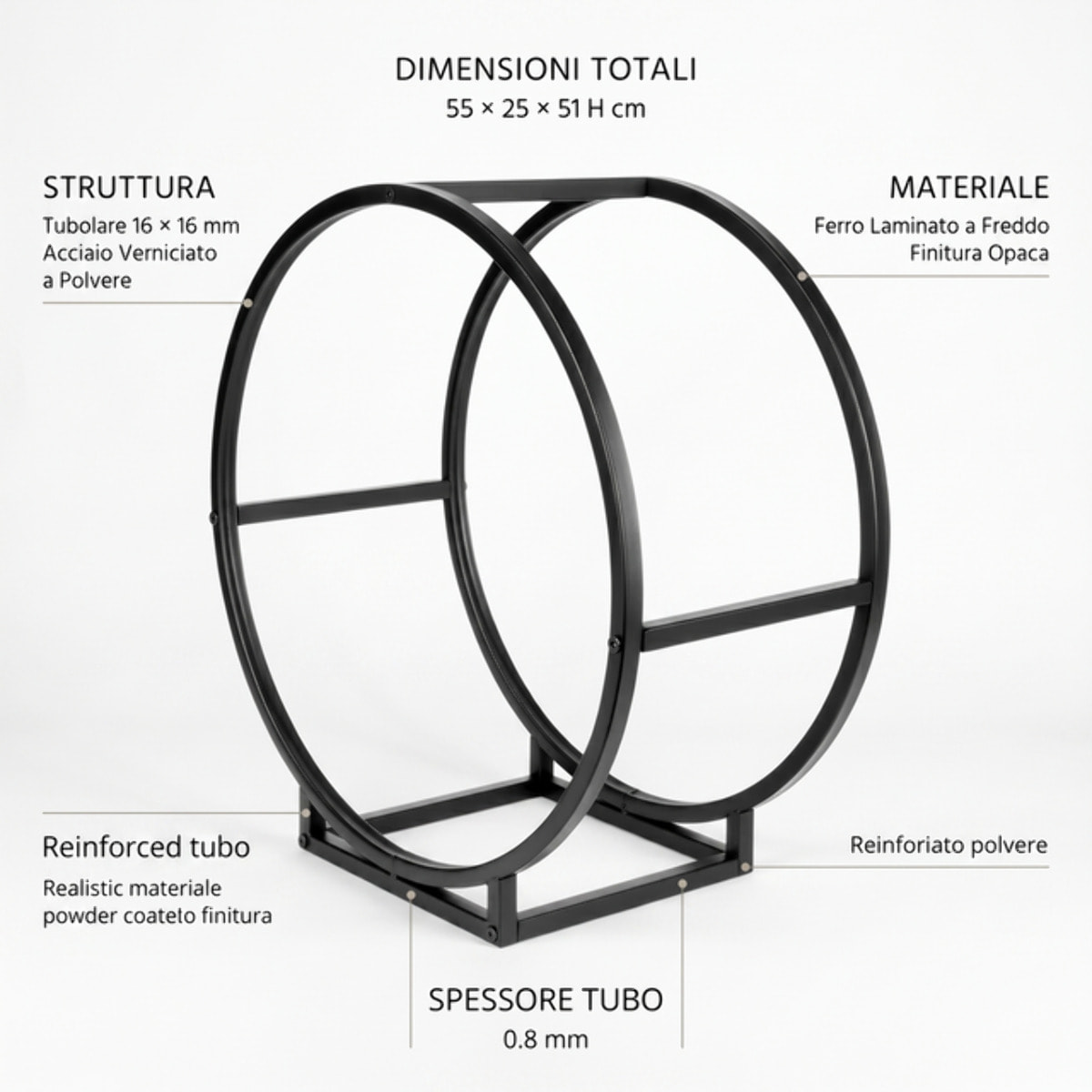 Portalegna in acciaio Baines 55 cm, supporto legna design circolare moderno nero opaco, organizer per camino e stufa resistente e stabile, salvaspazio elegante per soggiorno veranda e area barbecue