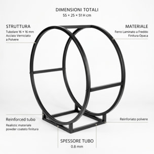 Portalegna in acciaio Baines 55 cm, supporto legna design circolare moderno nero opaco, organizer per camino e stufa resistente e stabile, salvaspazio elegante per soggiorno veranda e area barbecue
