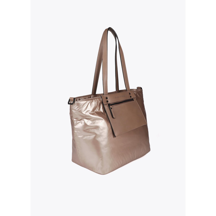 Shopper in Nylon Satinato con Dettagli Effetto Pelle