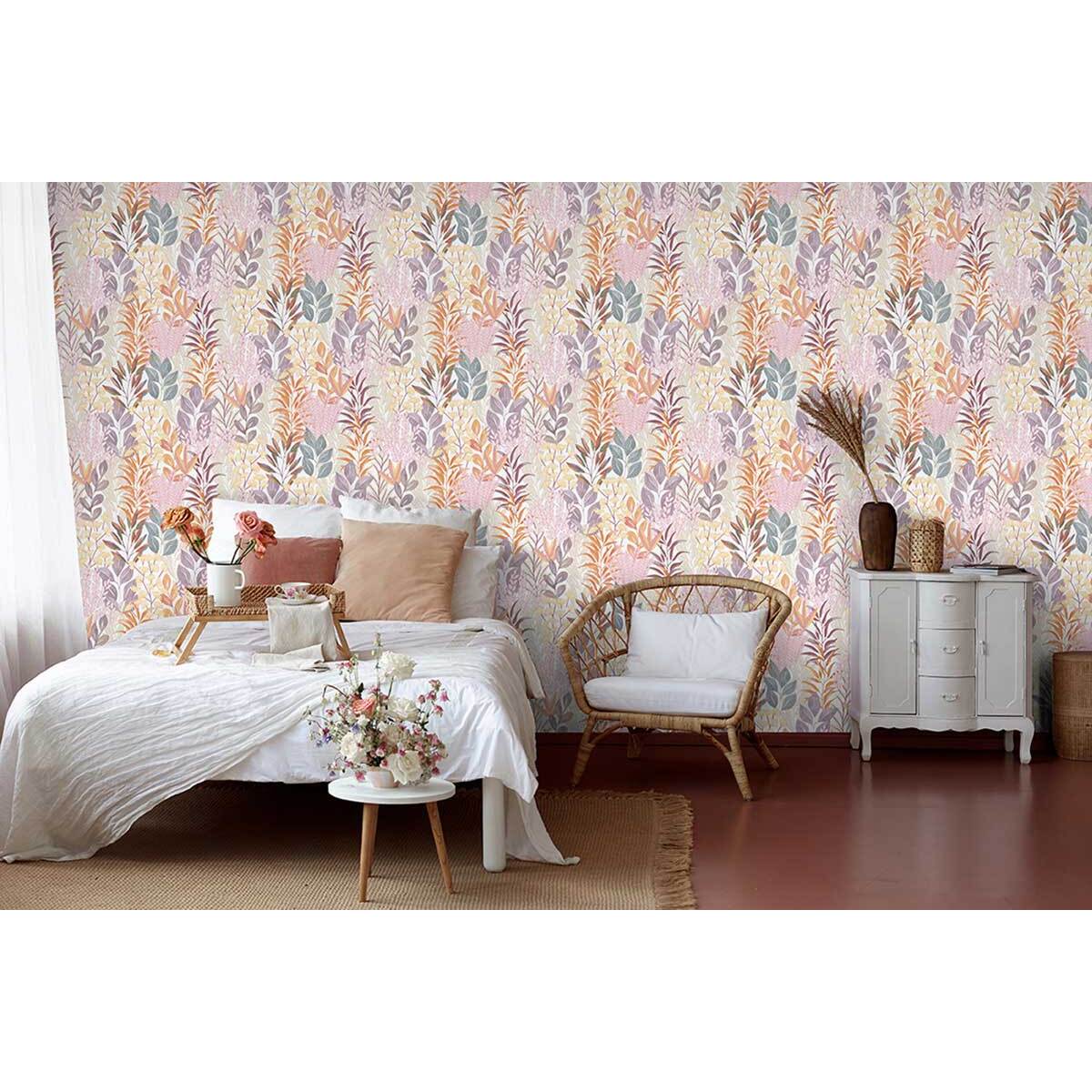 Papier peint feuillage aquarelle pastel rosé