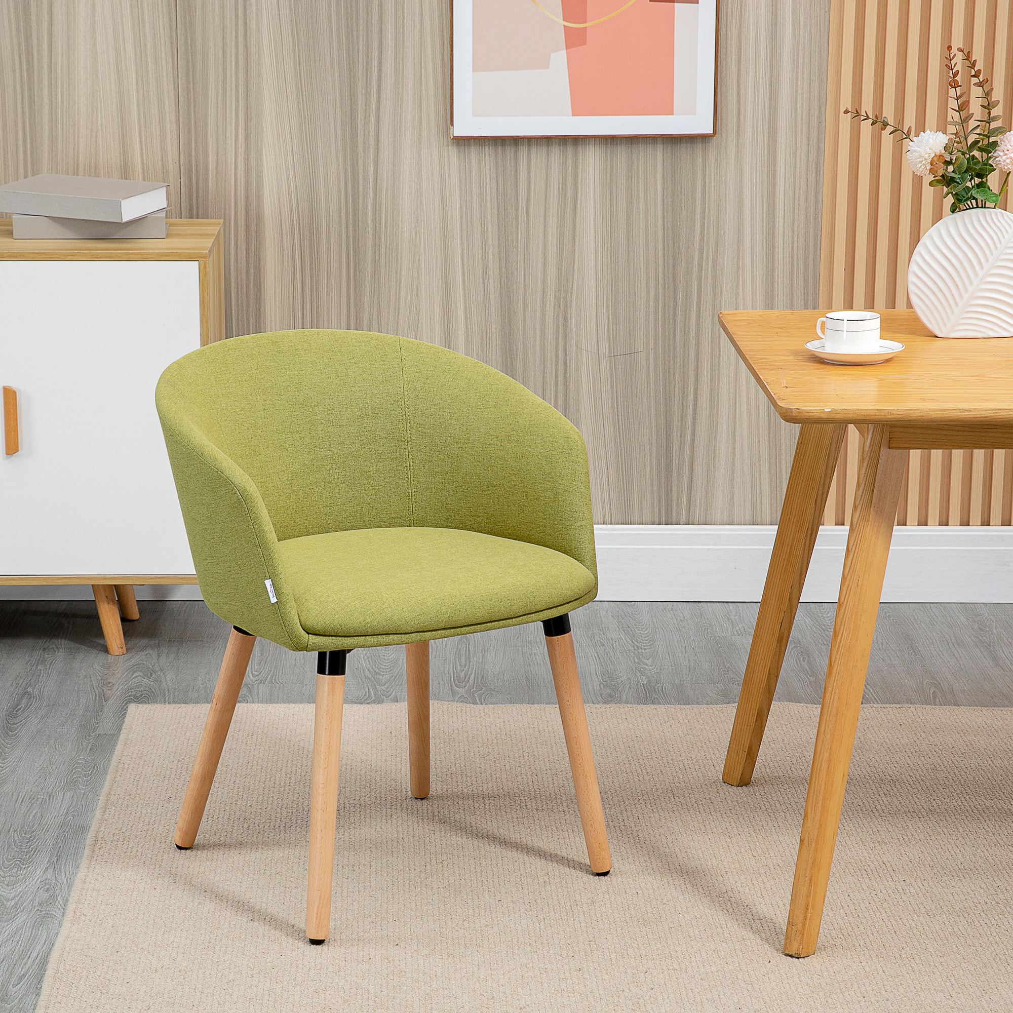 Silla de Comedor Butaca de Salón Tapizada en Lino Sintético con Reposabrazos y Patas de Madera para Oficina Dormitorio Carga 120 kg 57x56x72 cm Verde