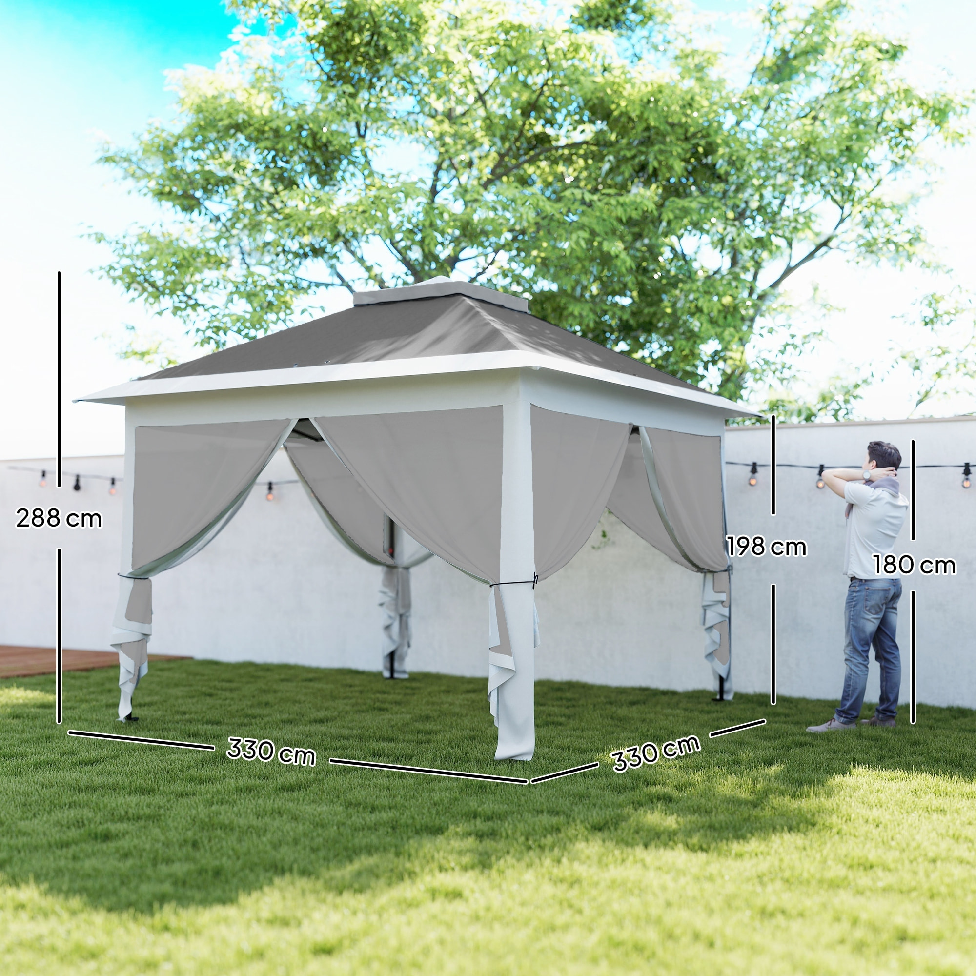 Carpa Plegable 3,3x3,3 m Pop-up, Cenador de Jardín con Altura Ajustable 3 Niveles, Doble Techo, 4 Mosquiteras Extraíbles y Bolsa Transporte, Impermeable, Anti-UV para Exterior, Fiestas, Gris
