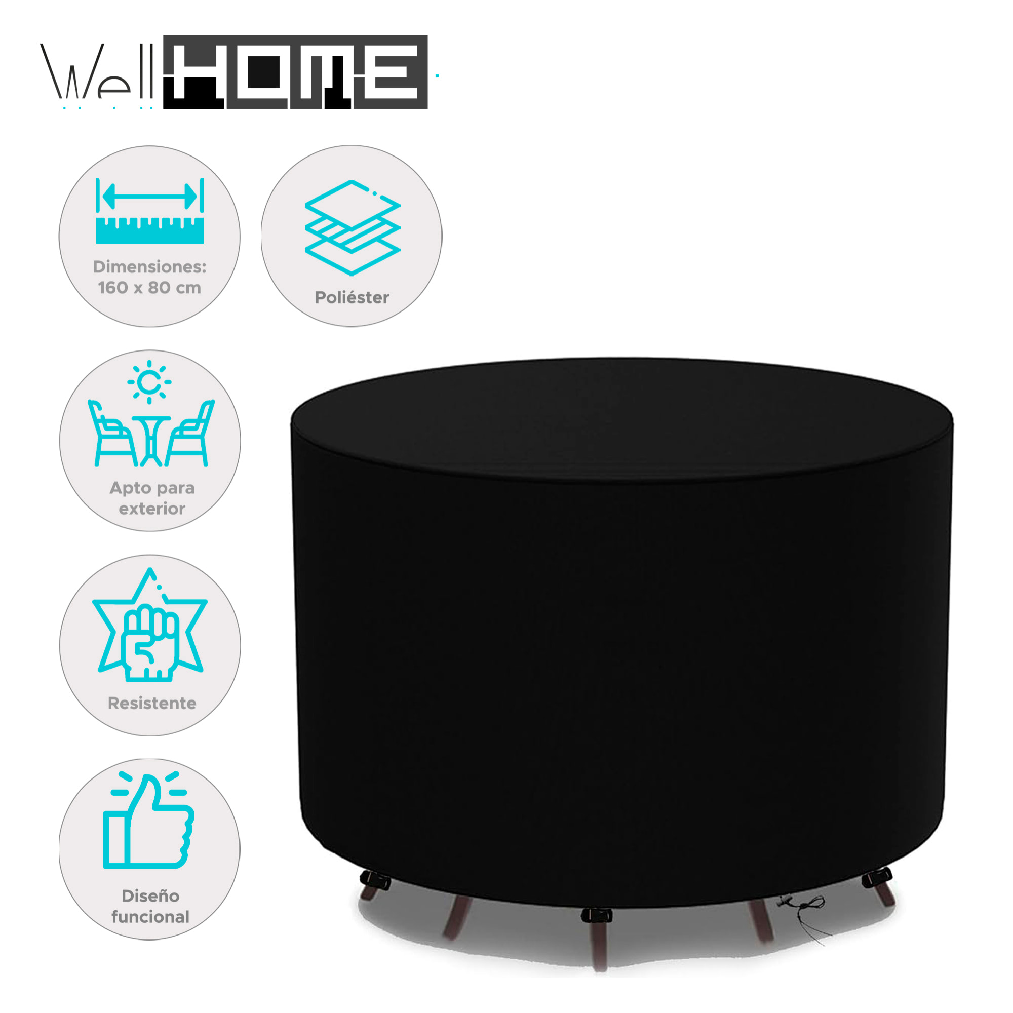 Funda para mesa redonda Ø160xH80cm impermeable en poliéster 600D negro con protección UV