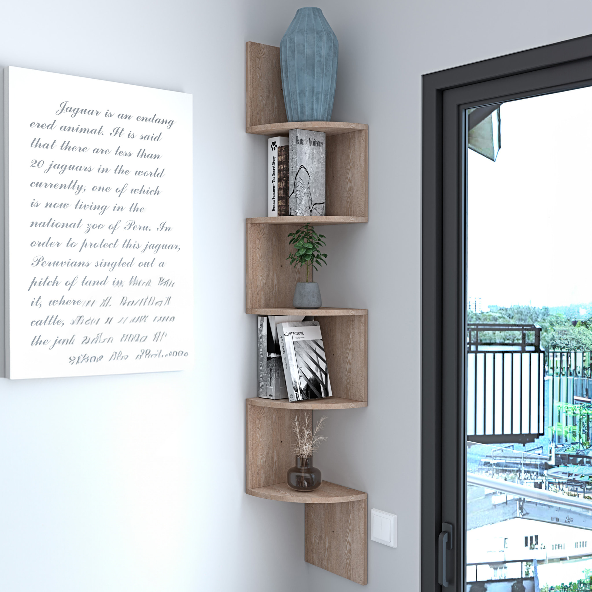 Libreria Angolare Scaffale 5 Ripiani Legno MDF Mensole Espositive da Parete Design Moderno Elegante Casa Soggiorno Salotto Studio 123x20x20 cm Rovere