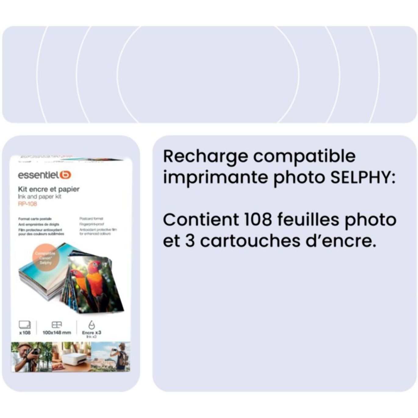 Kit papier + encre ESSENTIELB compatible Canon Selphy KP-108 tirages