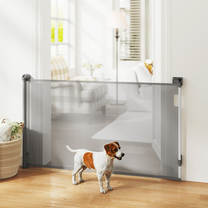 Barrière de sécurité chien rétractable 0-144 cm H.87 cm verrouillage auto alu PVC gris