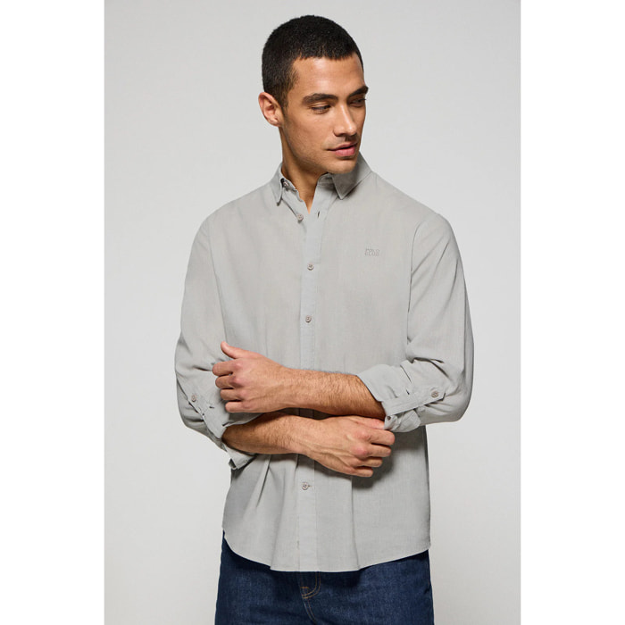 Camisa gris de lino y algodón regular fit con logo bordado