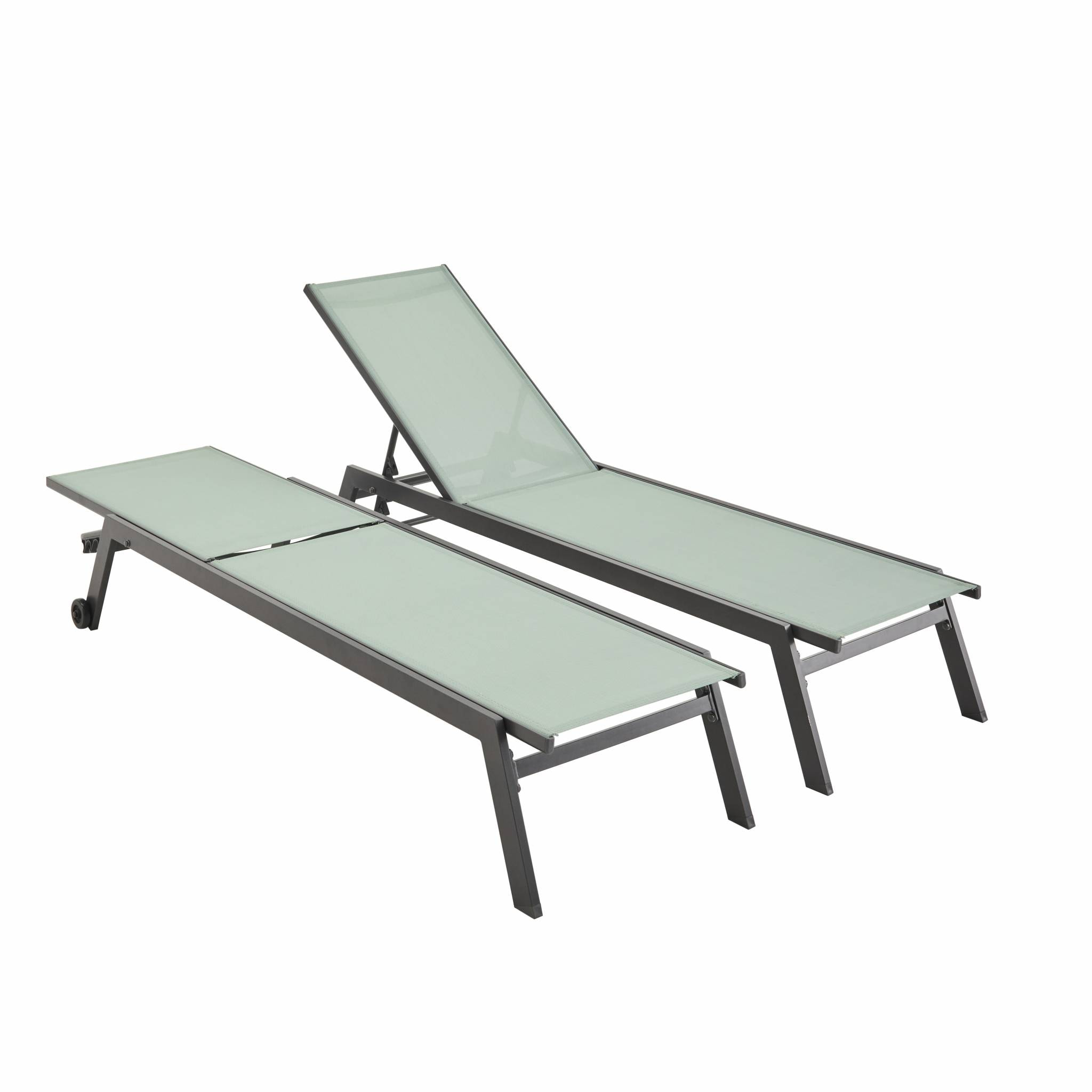 Lot de 2 bains de soleil ELSA en aluminium gris anthracite et textilène vert de gris. transats multi positions avec roulettes
