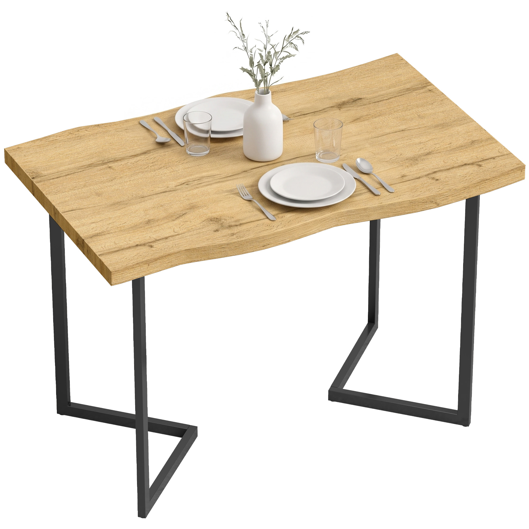 Mesa de Comedor, Mesa de Cocina para 2 Personas con Tablero Grueso, Patas Metálicas, Estilo Moderno, para Sala de Estar, 110x67x75,5 cm, Roble