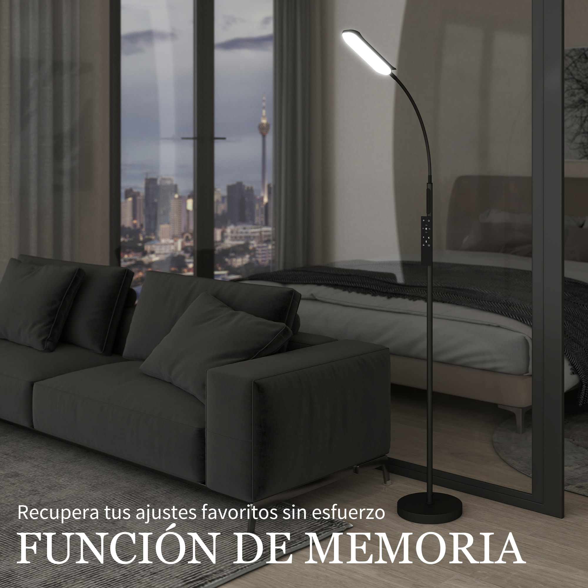 Lámpara de Pie LED Regulable Lámpara de Pie para Salón con Temperaturas de Color Ajuste Continuo Control Remoto y Táctil Temporizador de 60 Minutos Función Memoria Cuello Giratorio Negro
