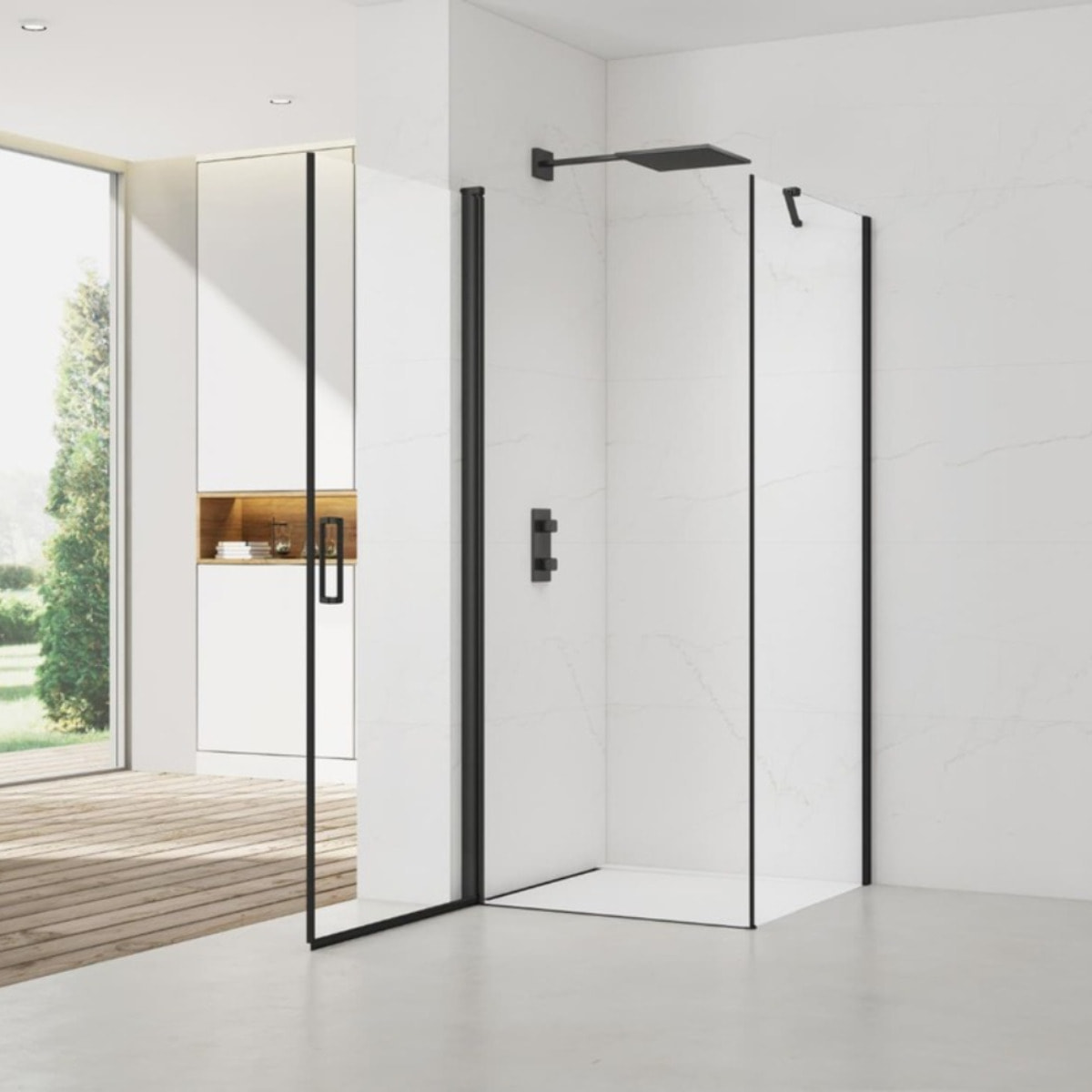 Fusion ensemble porte pivotante /paroi 90x100cm anticalcaire avec profilés noir mat (SATFUD90S100C-SET)