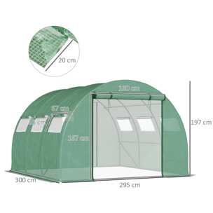 Serre tunnel de jardin grande taille dim. 3L x 2,95l x 1,97H m - 6 fenêtres, porte zippée enroulable - acier galvanisé PE haute densité vert