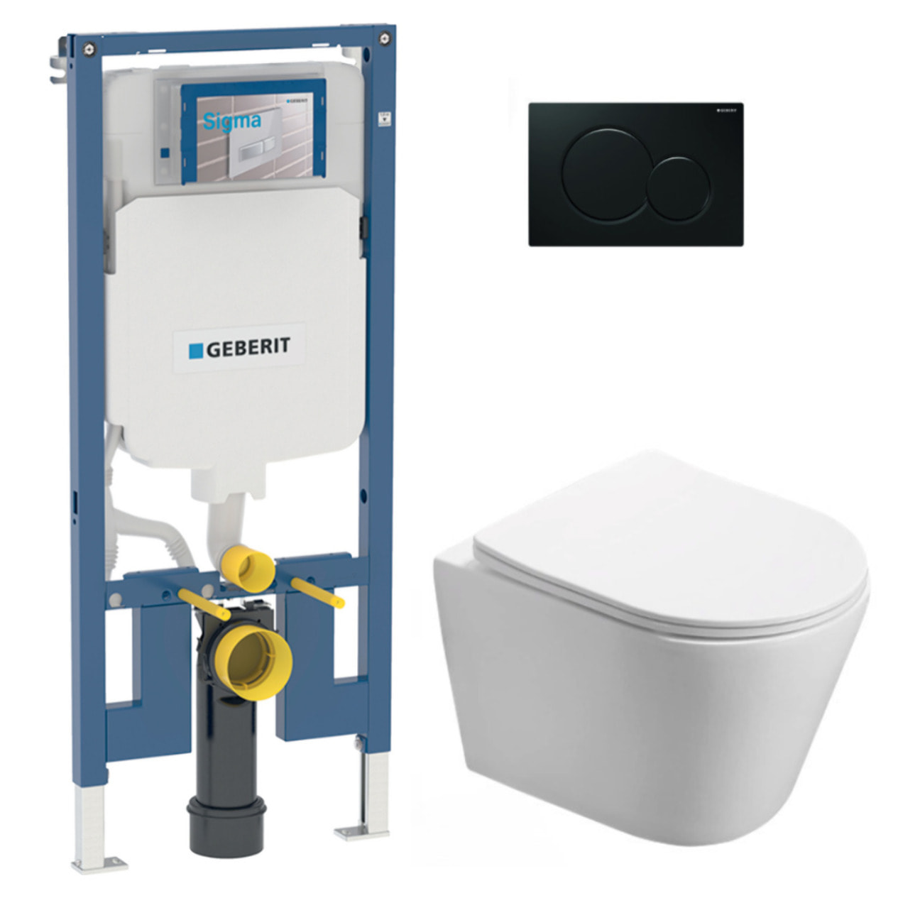 Pack WC sans bride Infinitio + Abattant softclose slim + Bâti support Geberit Extra-plat UP720 + Plaque Noir brillante