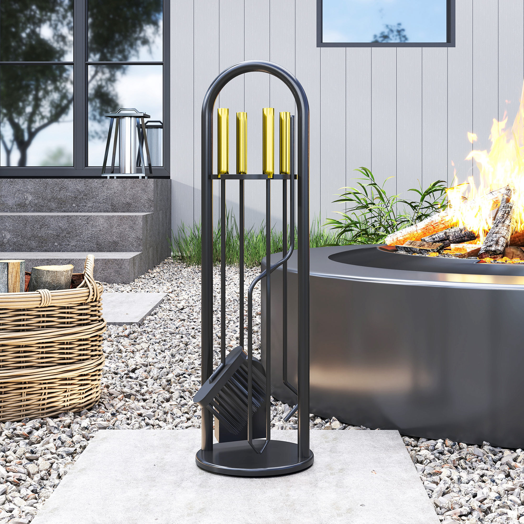 Juego Utensilios Chimenea de 5 Piezas, Juego de Accesorios para Chimenea de Metal con Escoba, Pala, 1 Par de Tenazas, Atizador y Soporte, 20x20x71 cm, Negro y Dorado