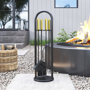 Juego Utensilios Chimenea de 5 Piezas, Juego de Accesorios para Chimenea de Metal con Escoba, Pala, 1 Par de Tenazas, Atizador y Soporte, 20x20x71 cm, Negro y Dorado
