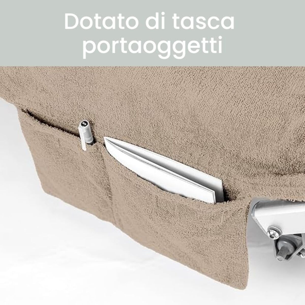 INTRECCI Telo Mare in Spugna, Asciugamano da Spiaggia Grande, 75x190 cm, Telo Mare Lettino con Tasche Portaoggetti e Bottoni, 100% Cotone, Morbido, Assorbente, Asciuga Rapidamente, Colore: Tortora