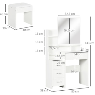 Ensemble coiffeuse tabouret design contemporain multi-rangement 4 tiroirs 4 étagères grand miroir blanc