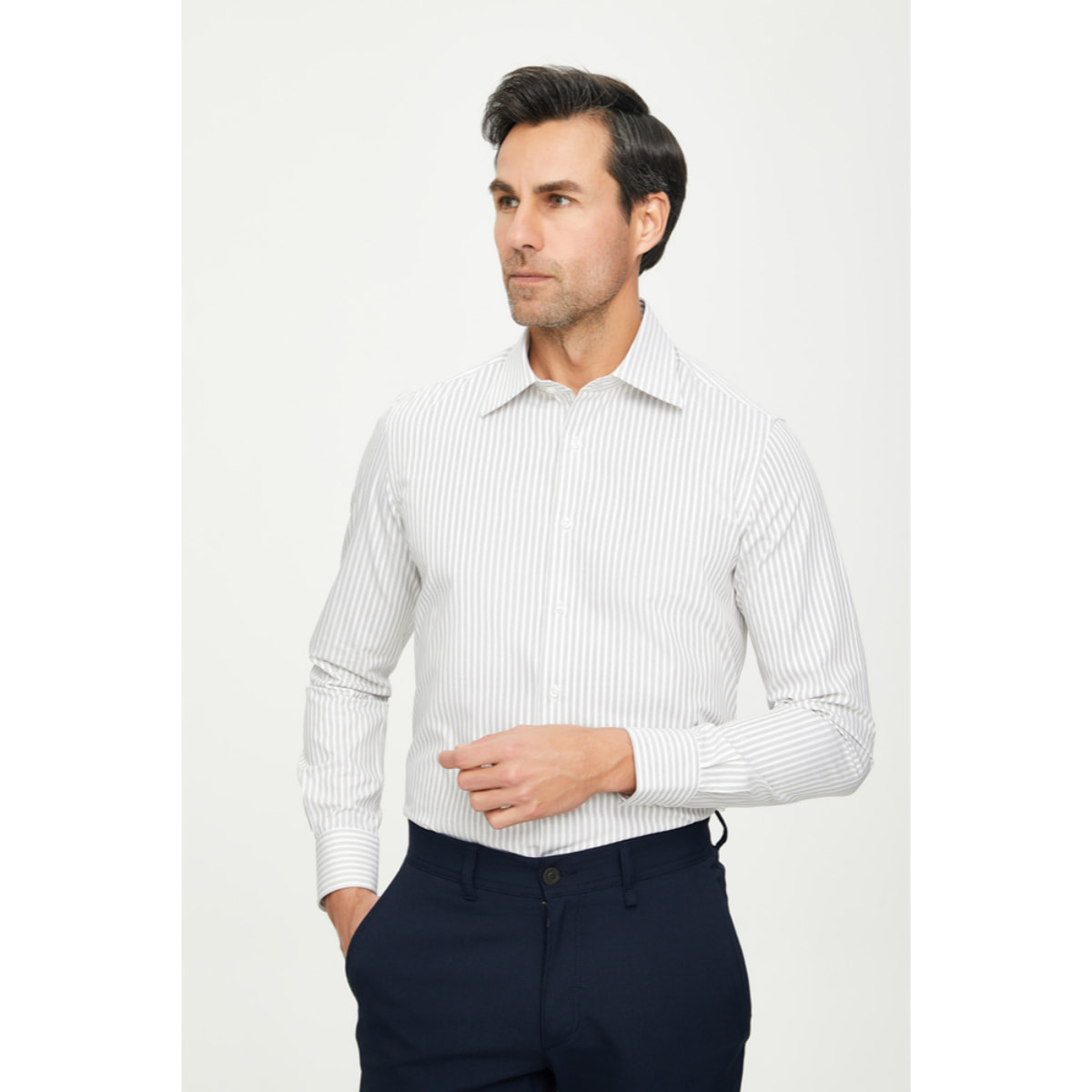 Camicia Uomo 1 Bottone Italiano Slim Cotone Riga Media Verde Medio/Bianco