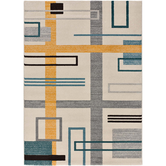 DEBBI Alfombra geomÃ©trica en gris con tonos mostaza y azules, varias medidas disponibles