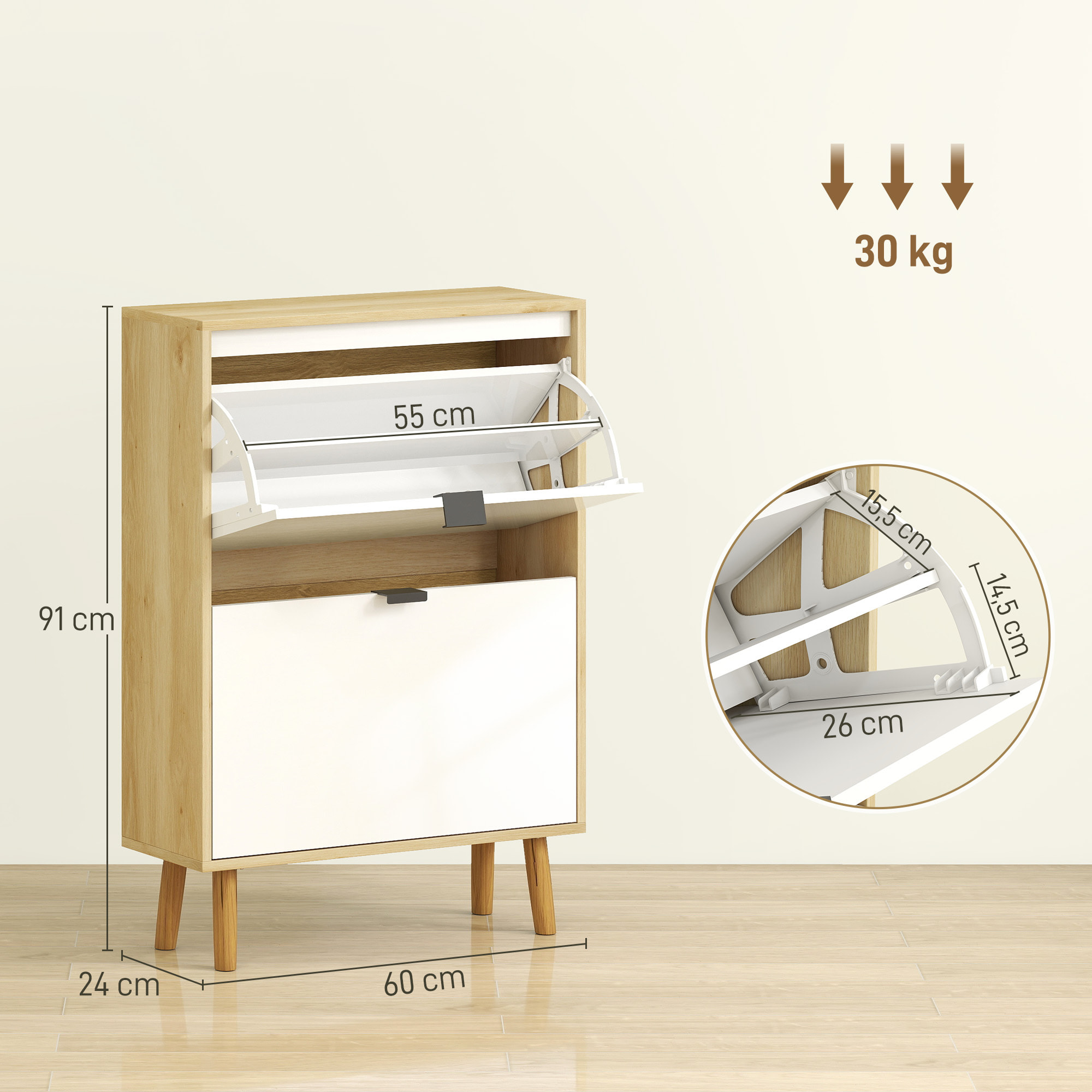 Zapatero Estrecho con 2 Puertas en Blanco Brillo, Zapatero Entrada Recibidor con Estantes Ajustables Patas de Madera, para 12 Pares de Zapatos, 60x24x91 cm Blanco