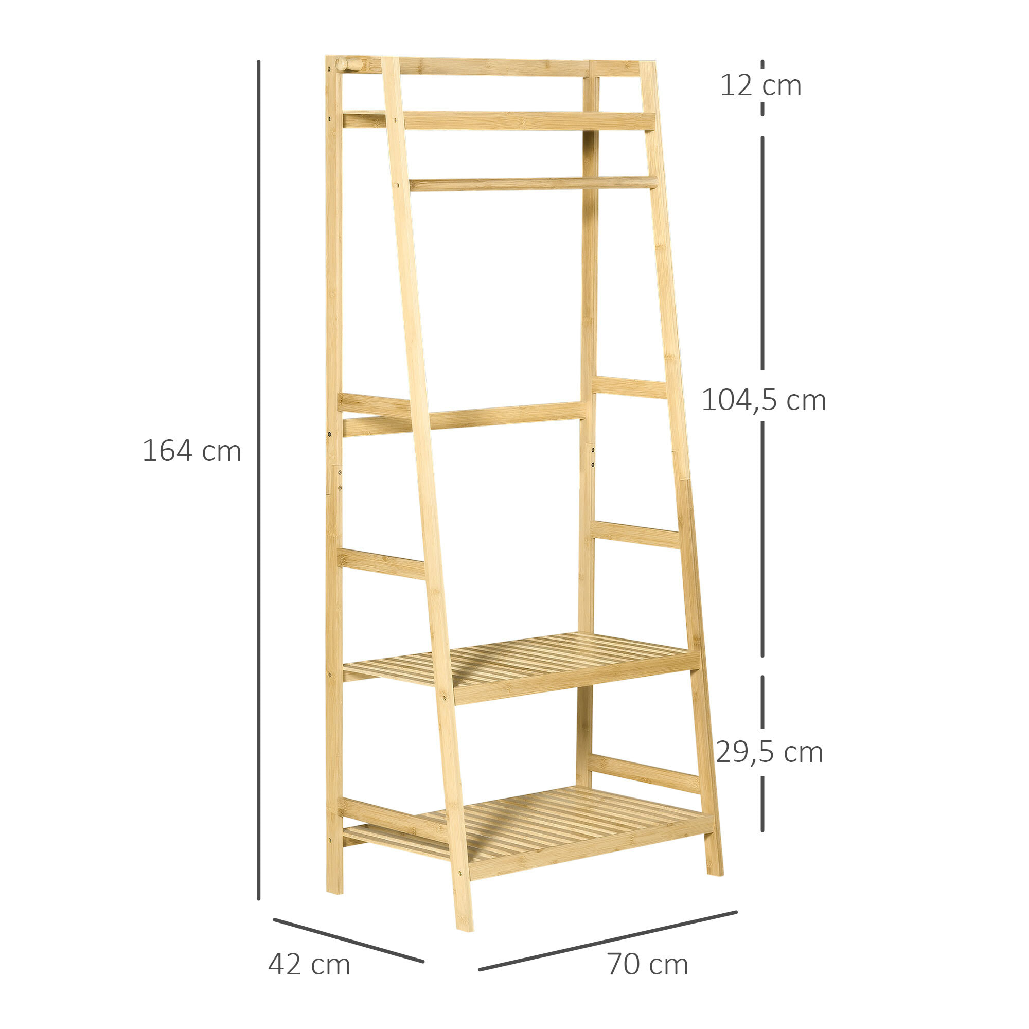 HOMCOM Perchero de Pie de Bambú Perchero Trapezoidal con Estantería de 3 Niveles con Barra y Colgador Lateral para Ropa Bolsas para Pared Dormitorio 70x42x164 cm Natural