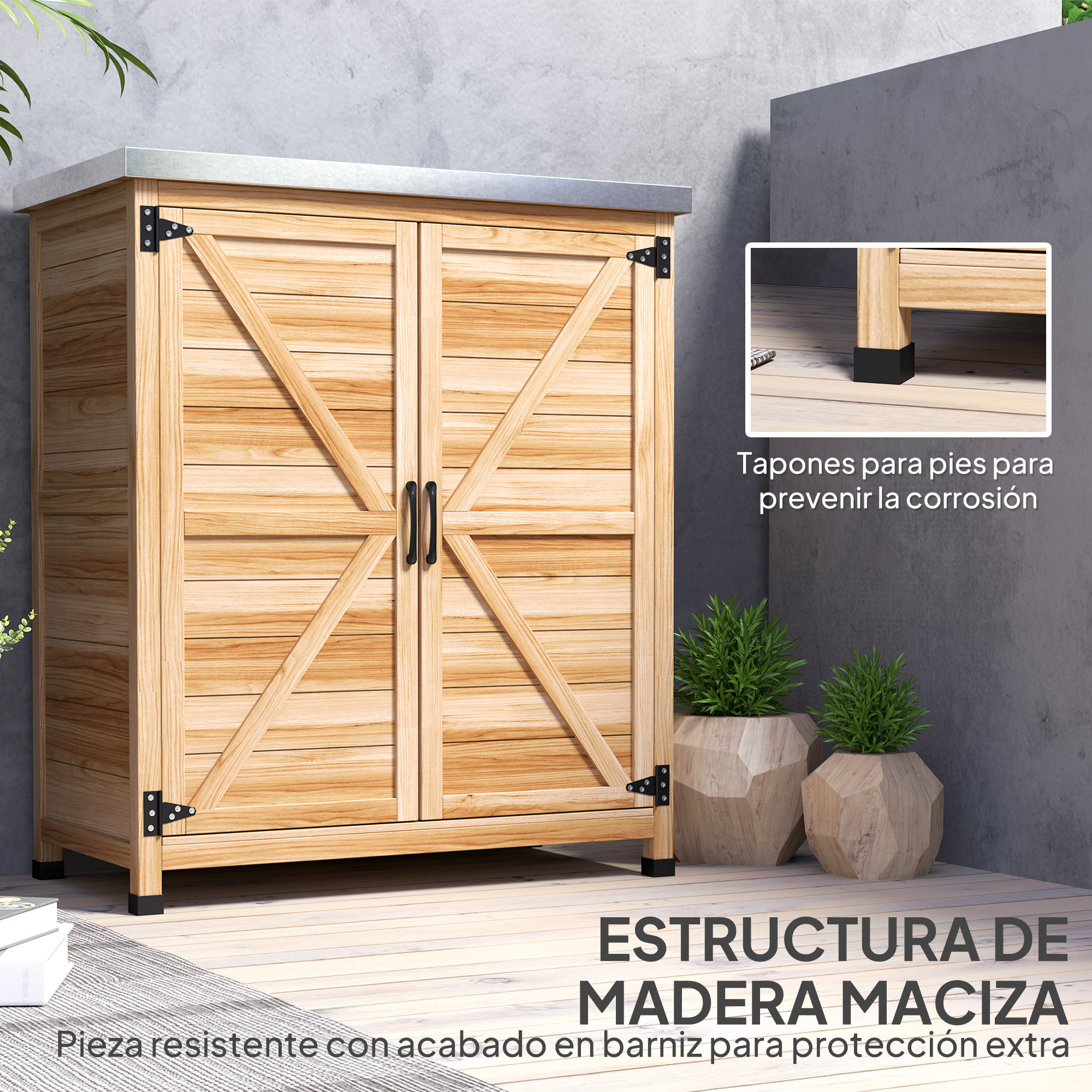Armario de Exterior de Madera, Caseta de Jardín Exterior con Techo de Acero Galvanizado, Estante, 2 Puertas, Cobertizo de Jardín para Almacenamiento de Herramientas, 79x43x92 cm, Natural