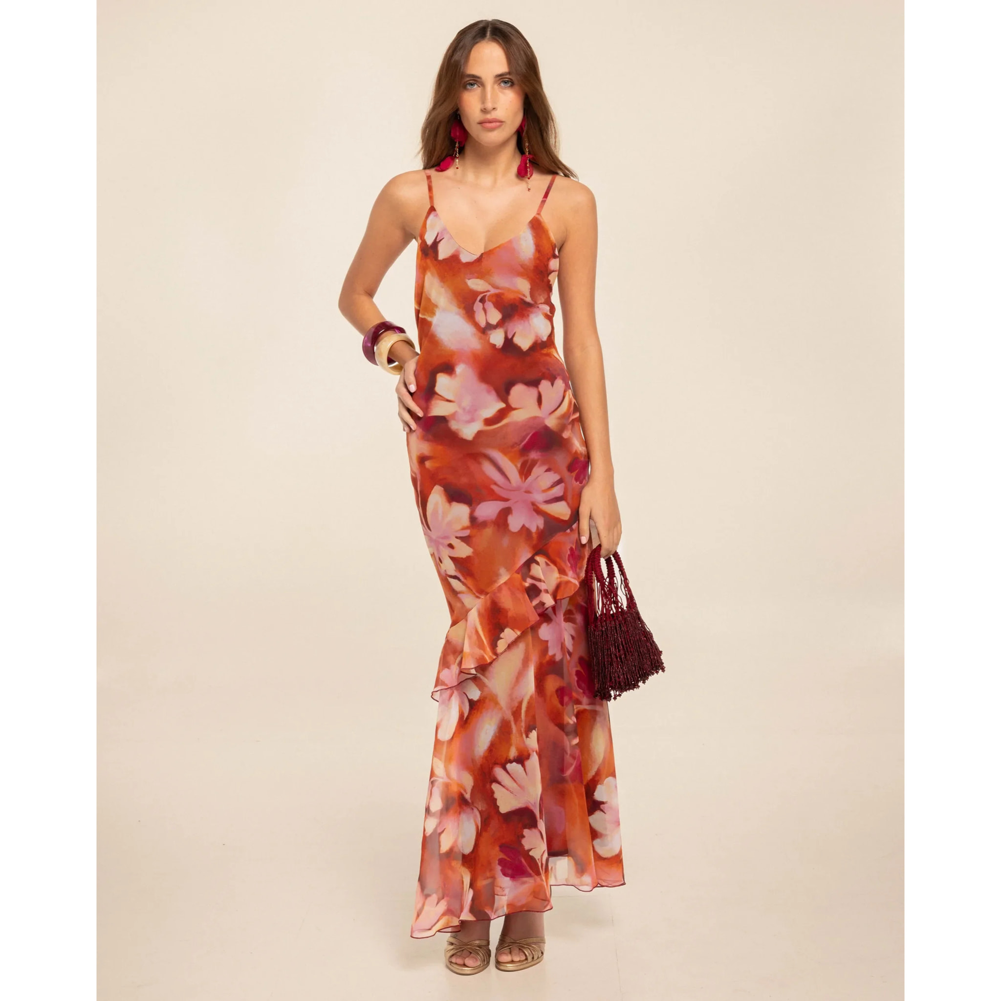 Vestido midi con volantes y estampado floral