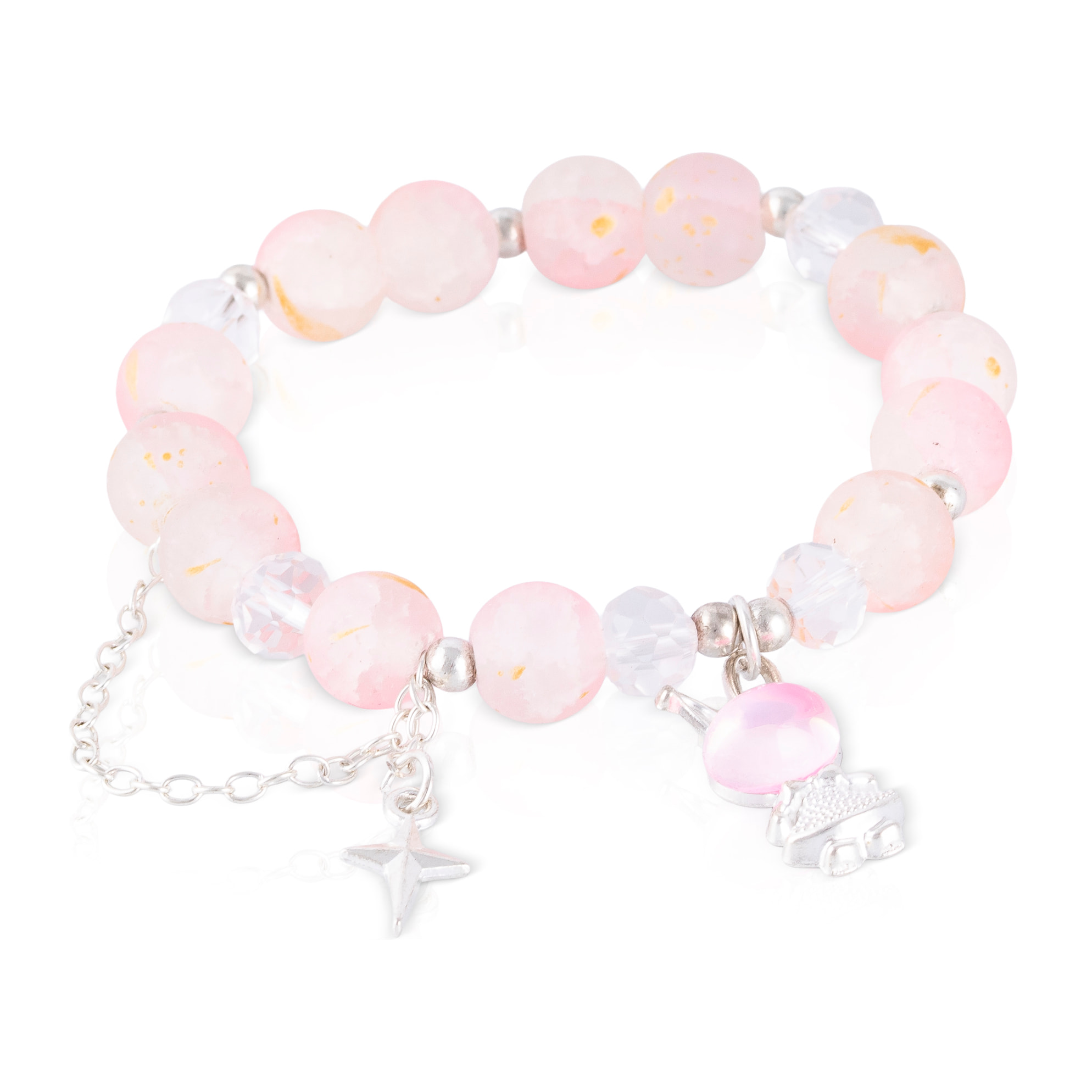 Set de 6 pulseras elásticas con cuentas de cristal y diseños multicolor, rosa, negro, azul, multicolor y verde.