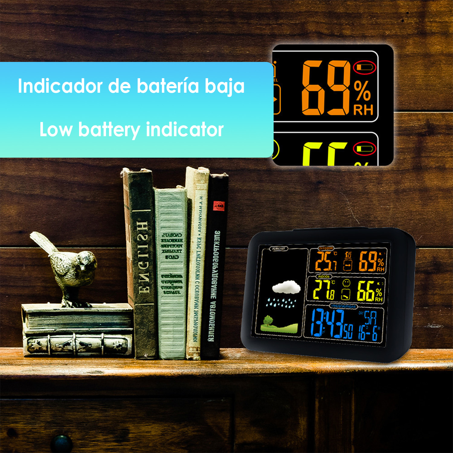 Stazione meteorologica automatica a colori ad alta precisione con barometro igrometro. Temperatura e umidità interne ed esterne. Include trasmettitore esterno.