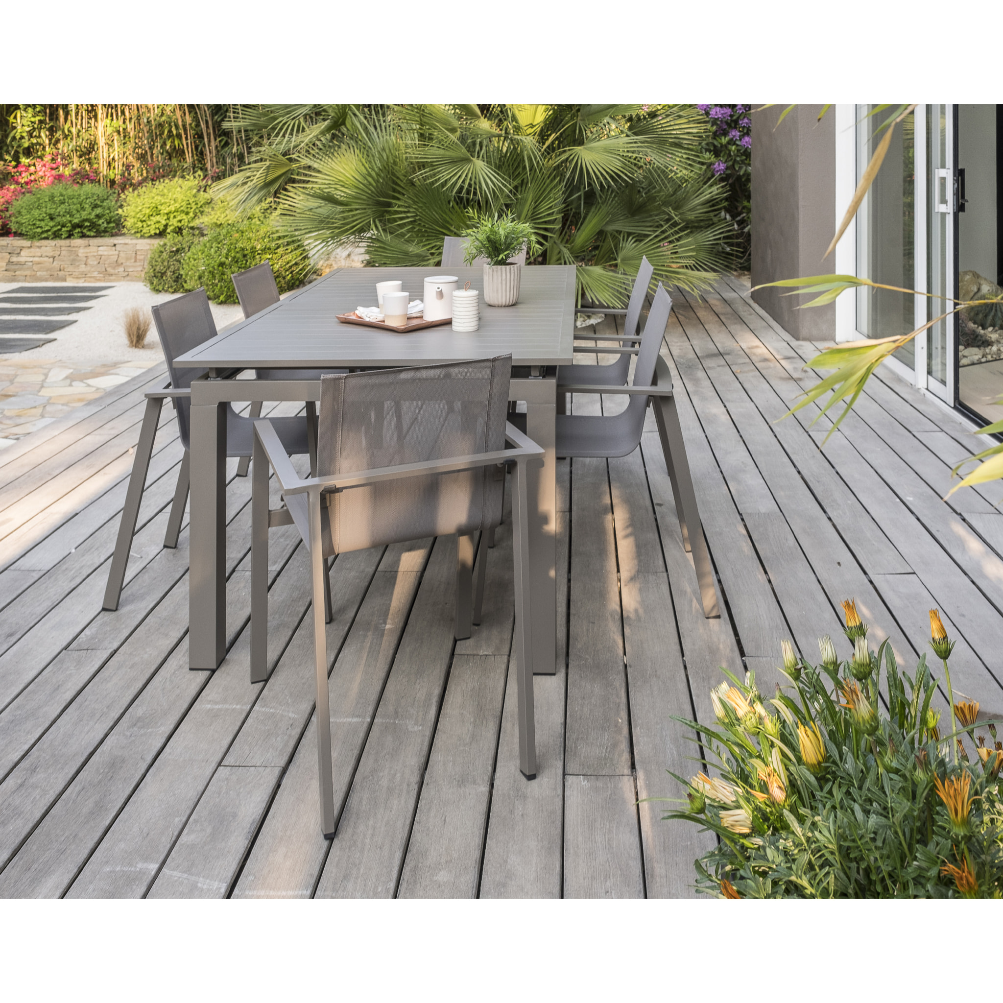 ZAHARA - Lot de 2 fauteuils de jardin en aluminium et toile plastifiée taupe