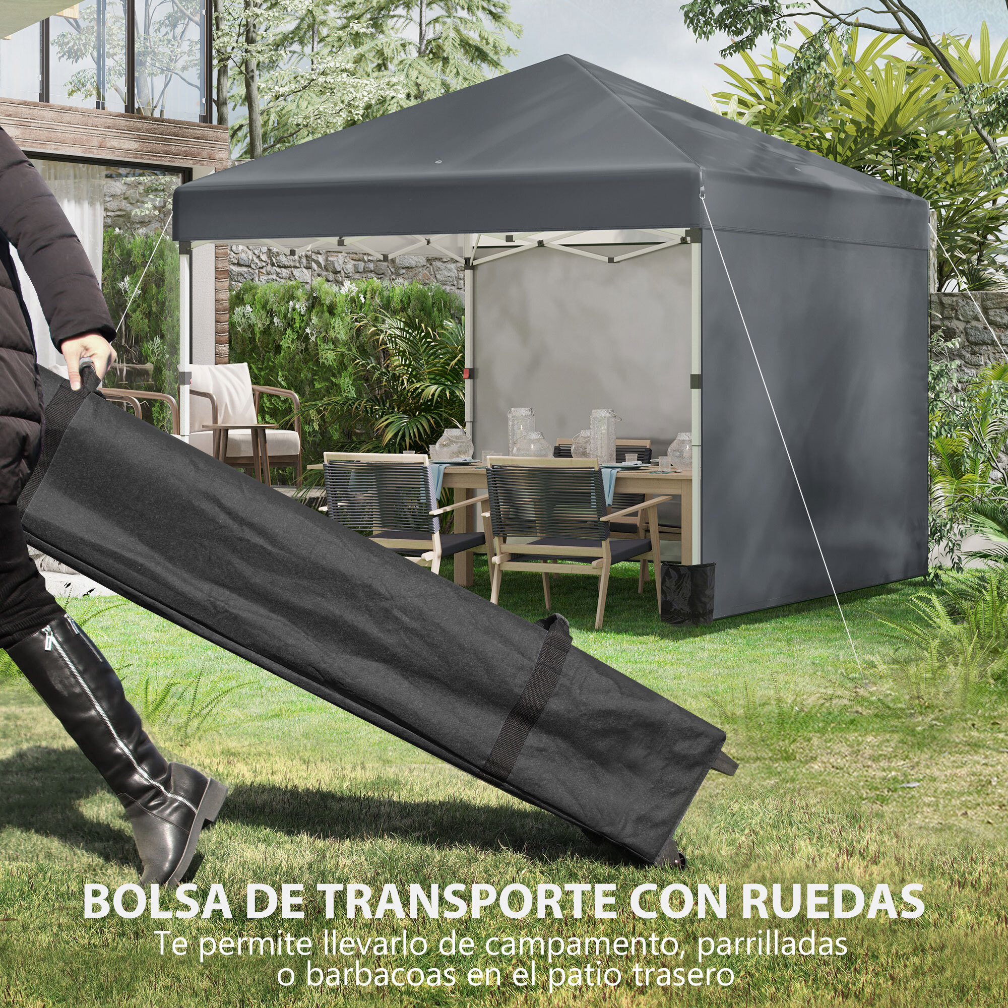 Carpa Plegable Pop-up Gazebo 3x3 m Cenador Plegable con 2 Paredes Laterales Anti-UV Altura Ajustable en 3 Niveles Sacos de Arena y Bolsa de Transporte con Ruedas para Camping Gris Oscuro