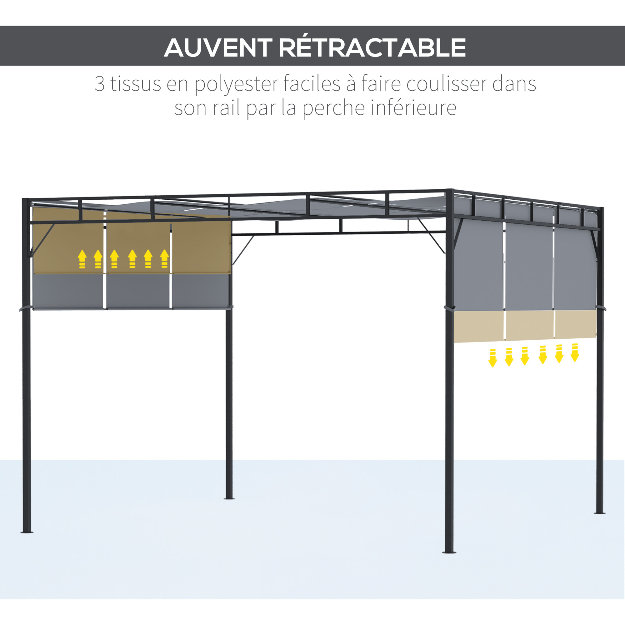 Pergola rétractable dim. 3L x 3l x 2,2H m structure acier époxy anticorrosion noir triple toile polyester haute densité gris