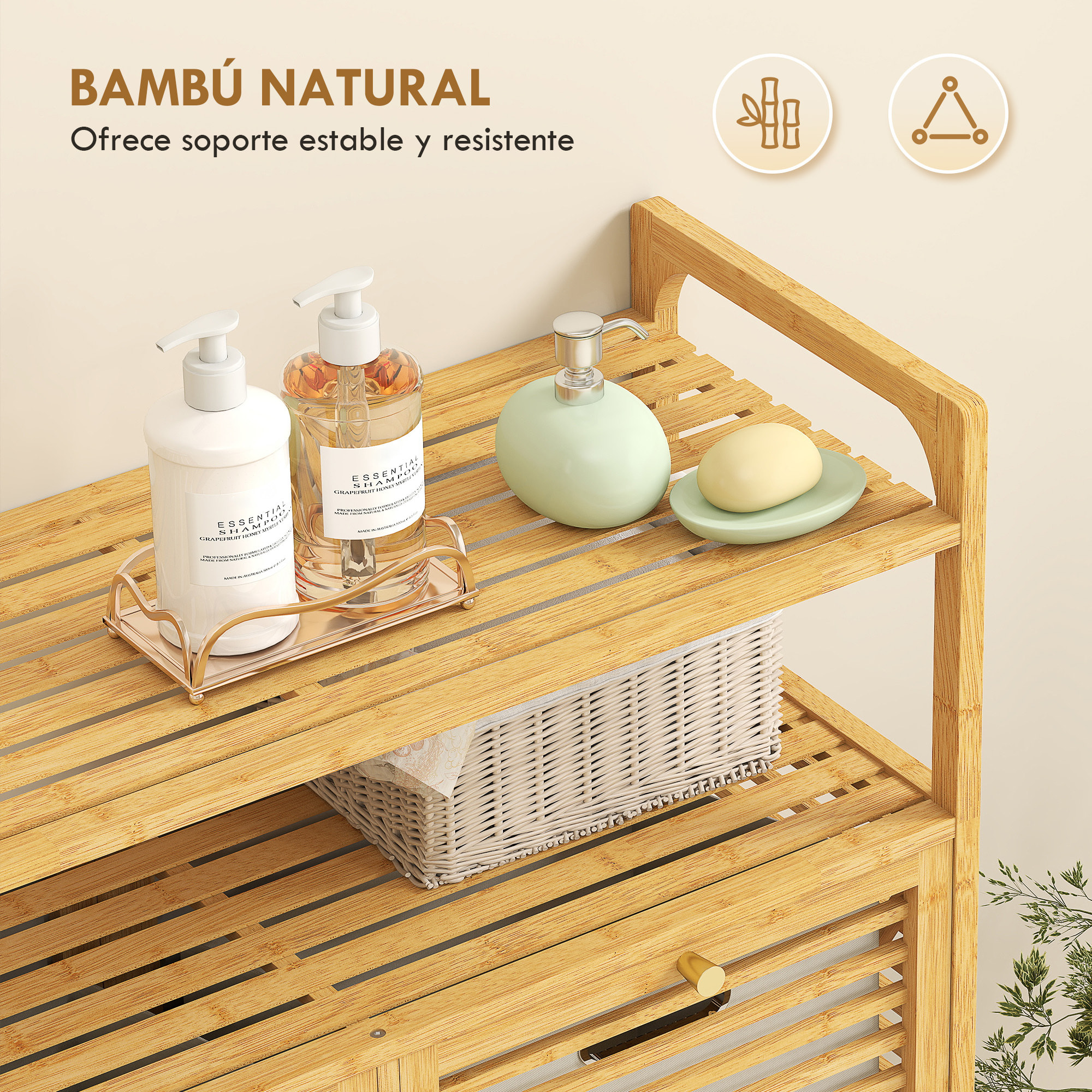 Mueble de Baño con Cesto Ropa Sucia, Mueble Ropa Sucia de Bambú, 2 Bolsas de Ropa Extraíbles y Lavables con Asa, 2 Estantes Abiertos, para Lavadero, 82x33x88 cm Natural y Crema