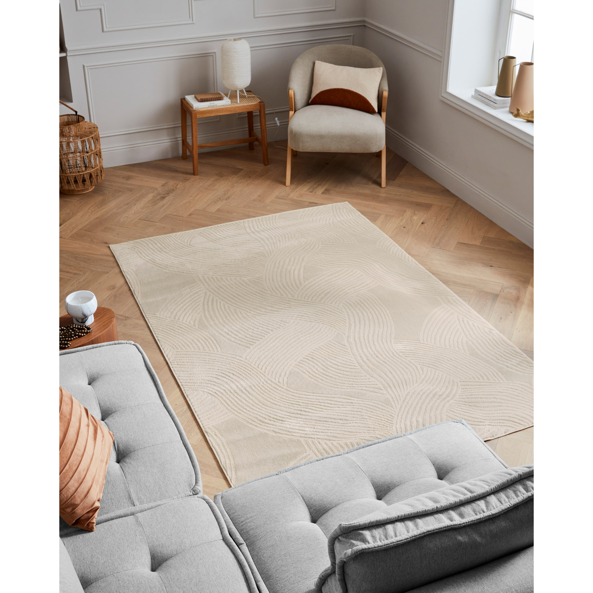 BLOOM - Tapis poils ras motif arc en ciel en relief - Crème