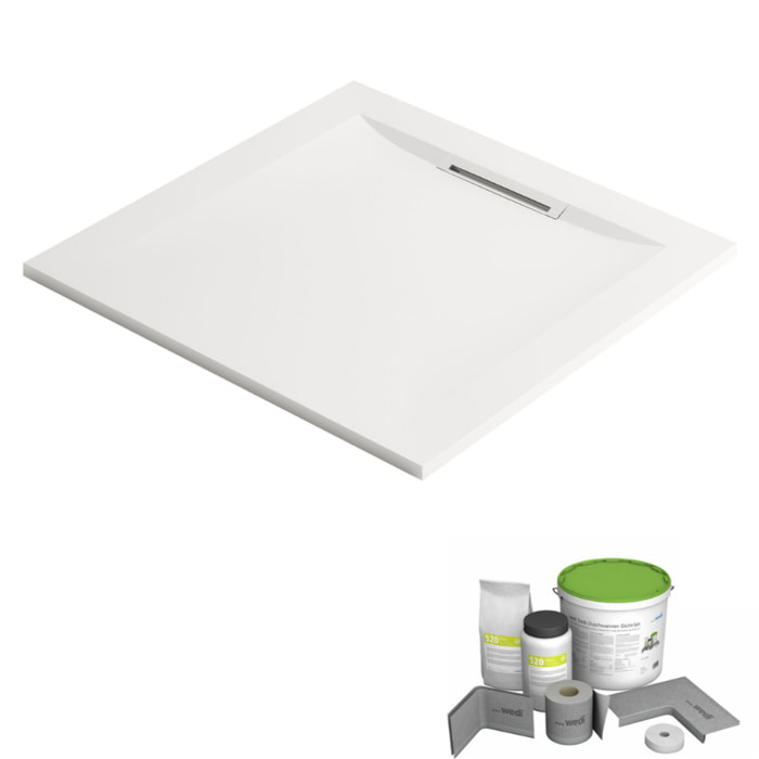 Pack receveur de douche antidérapant 80 x 80 Flight Pure carré blanc + Kit d'étanchéité WEDI + Pieds