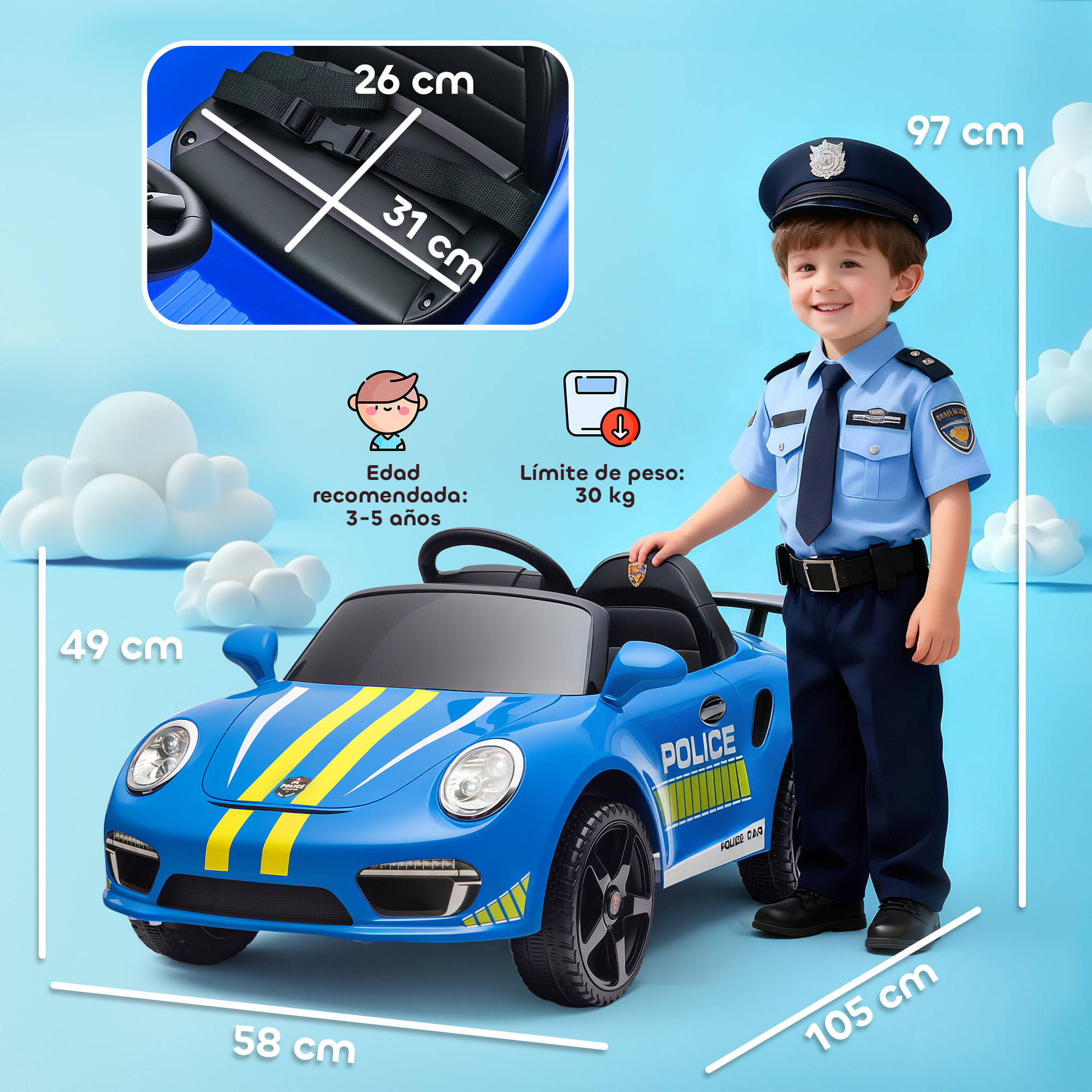 Coche Eléctrico para Niños con Licencia RUF CTR 3 Clubsport, Coche de Batería 12V con Mando a Distancia 2,4 G, Motor Doble, Música Inalámbrica, Sirena, Bocina, Ruedas Auxiliares y Faros, Azul