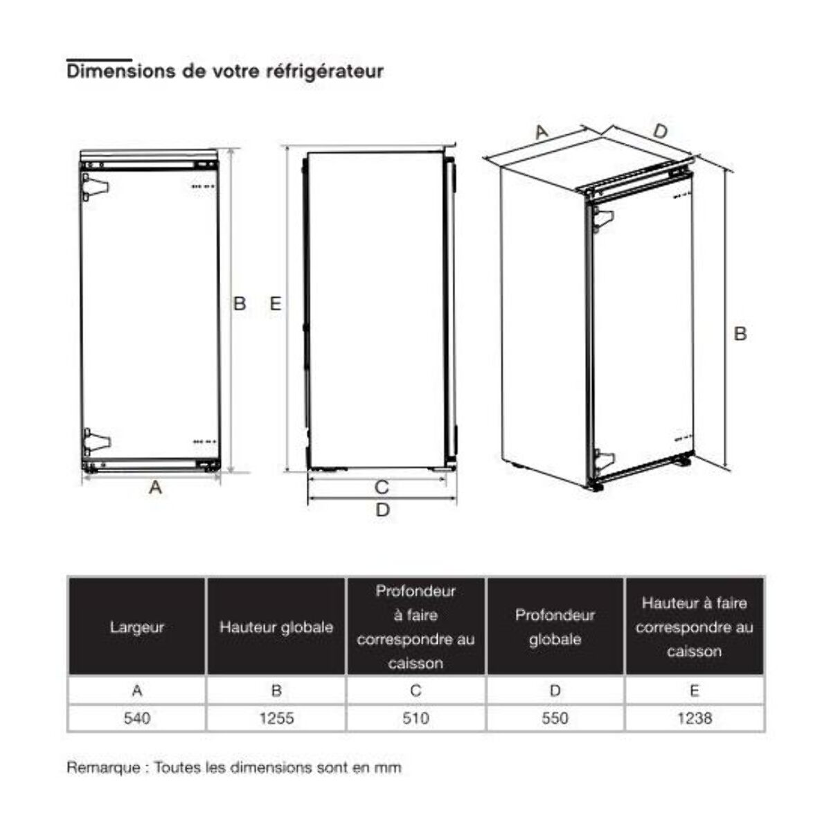 Réfrigérateur 1 porte encastrable ESSENTIELB ERLI125-55miB1